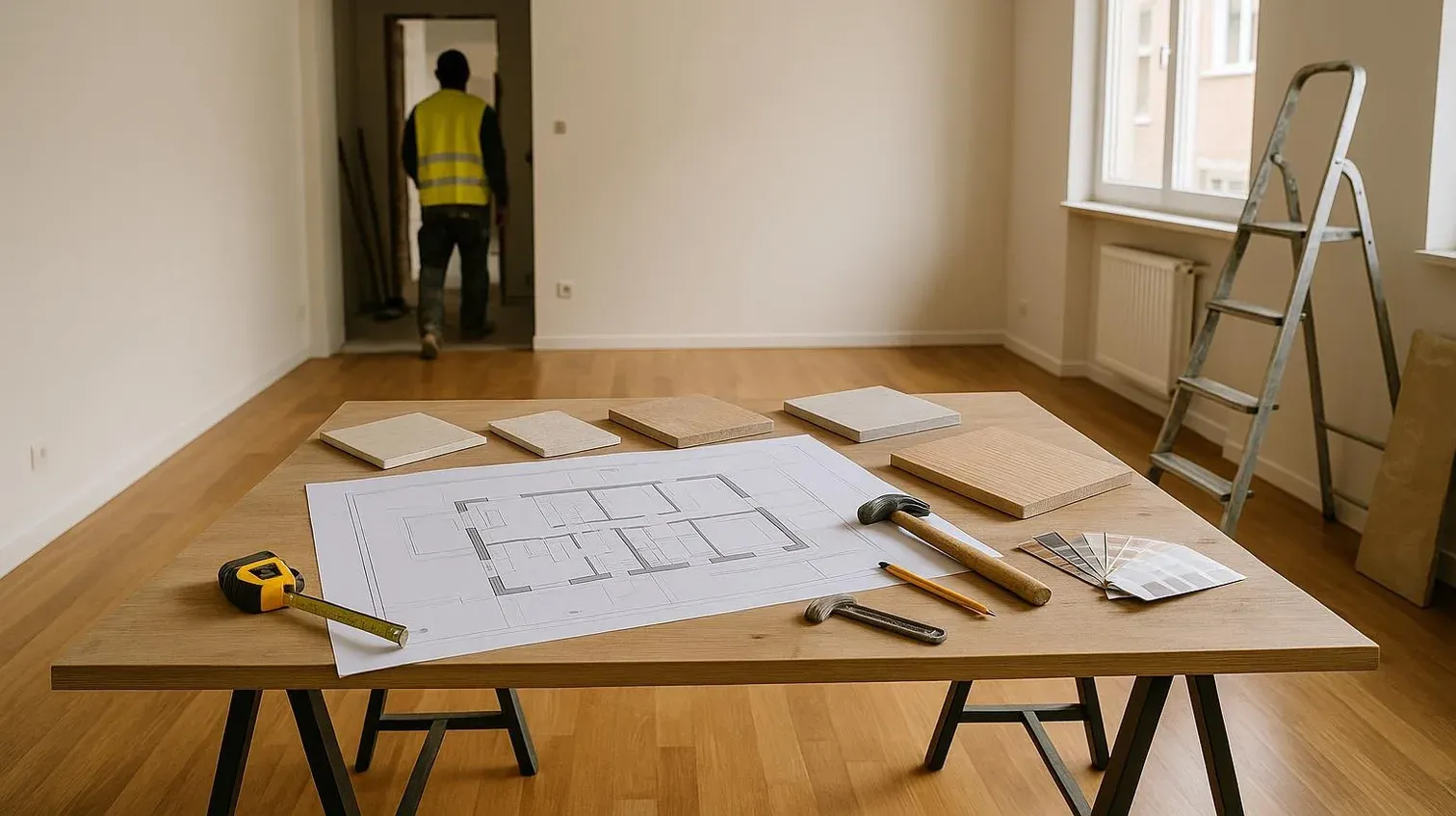 Salón de un piso con planos de reforma, muestras de materiales y herramientas sobre una mesa, iluminado por luz natural.