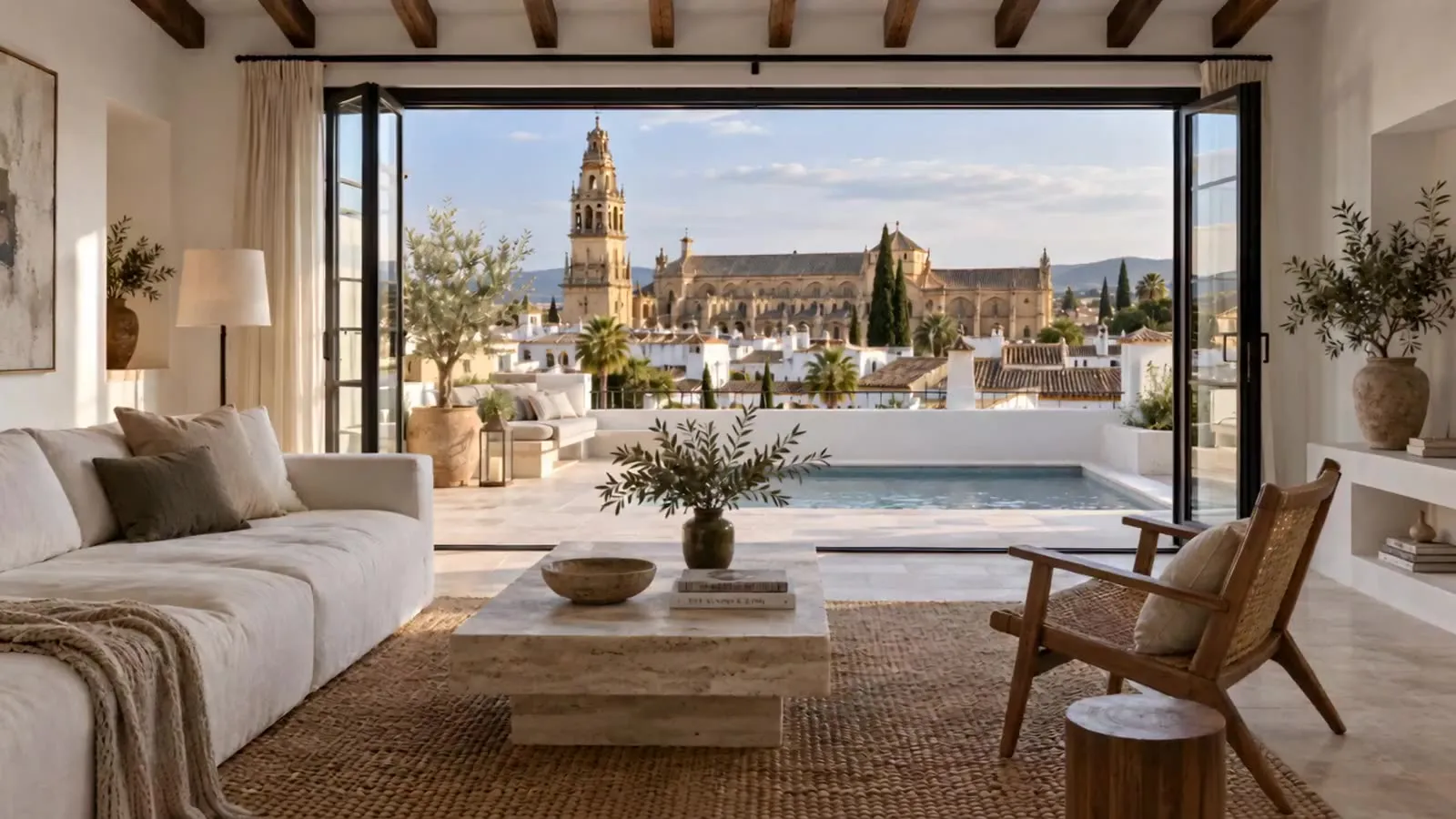 Salón reformado por Stylo 10 con vigas de madera y los ventanales abiertos a una terraza con piscina, frente a la Mezquita-Catedral de Córdoba