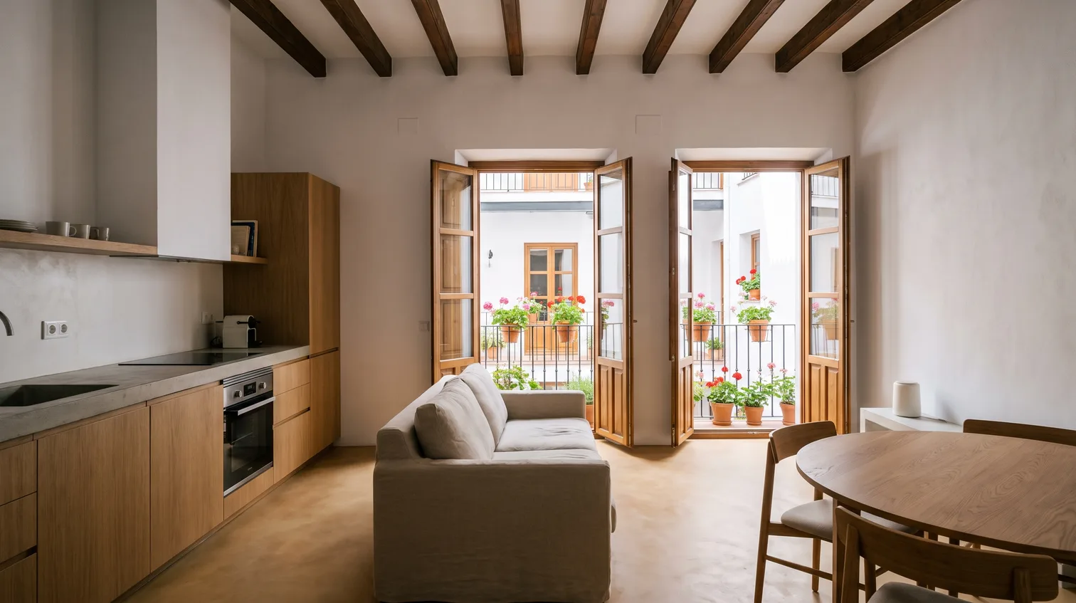 Salón y cocina de una vivienda rehabilitada en una casa de vecinos de la Axerquía, en Córdoba, con vigas de madera restauradas y las puertas abiertas al patio