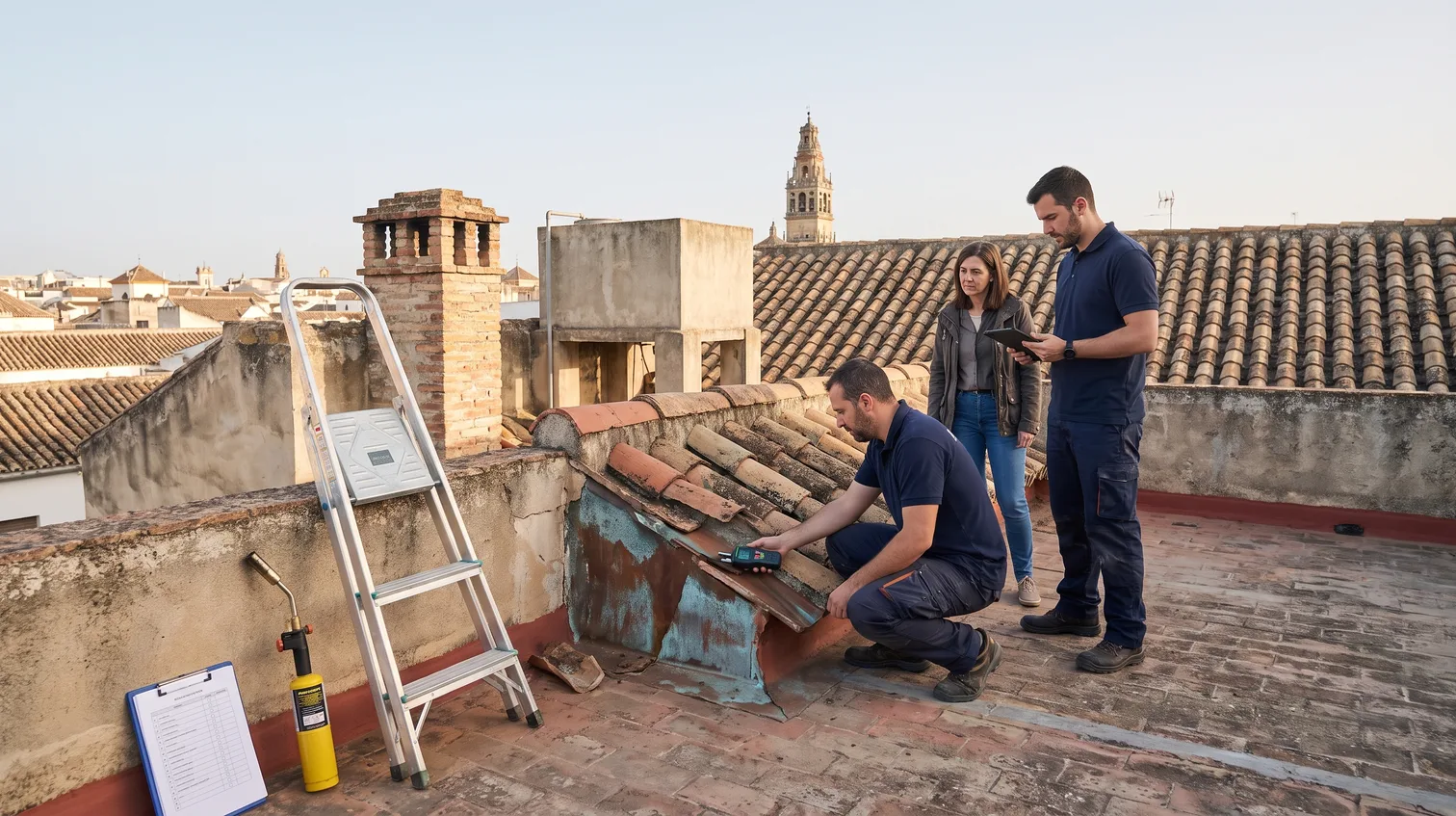 Dos técnicos de Stylo 10 revisan con un medidor de humedad el encuentro de cubierta de un edificio del centro de Córdoba ante la clienta, en una inspección previa a la compra