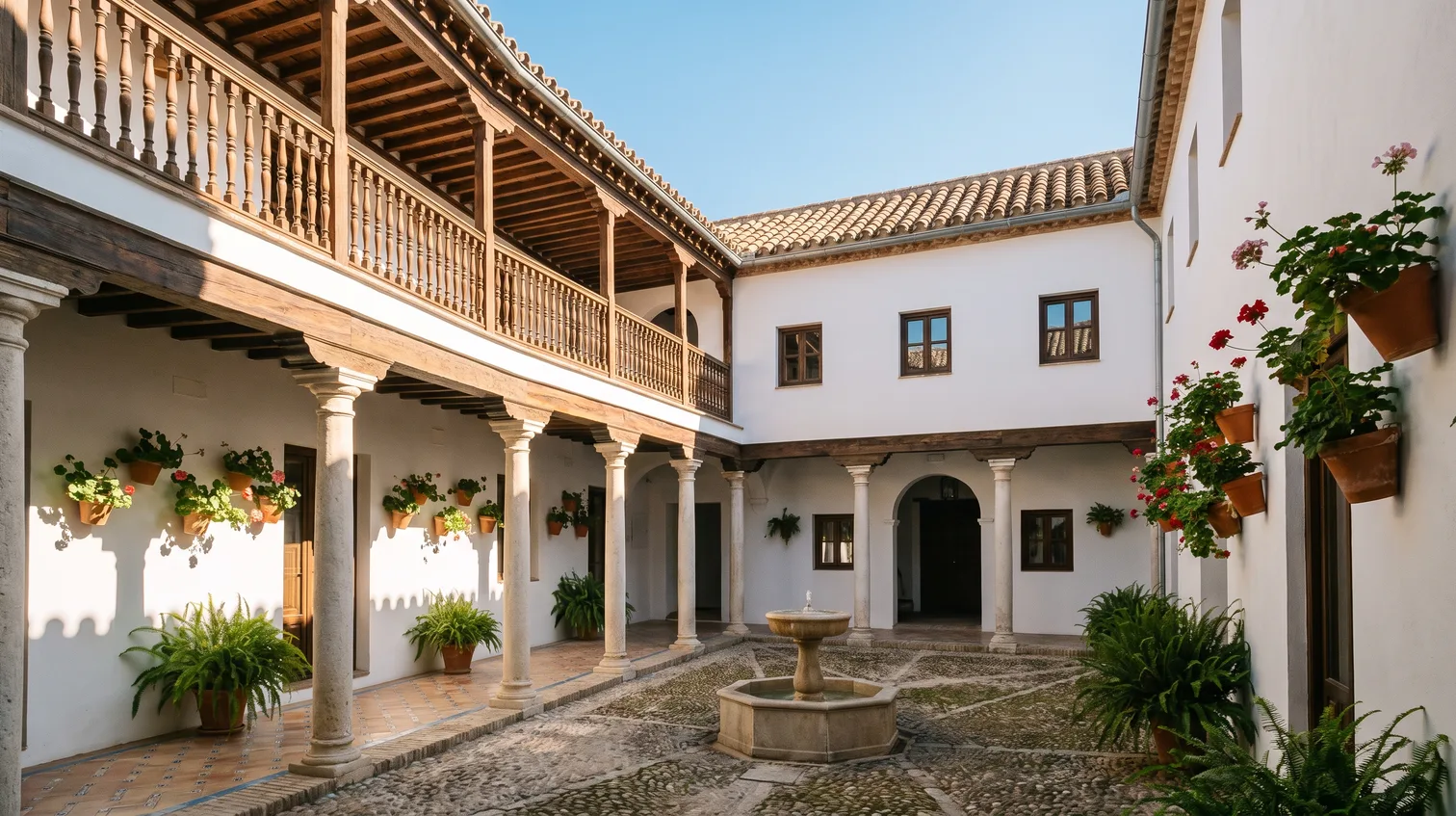 Patio restaurado de una casa del Casco Histórico de Córdoba, con columnas de piedra, galería de madera, empedrado recuperado y fuente central