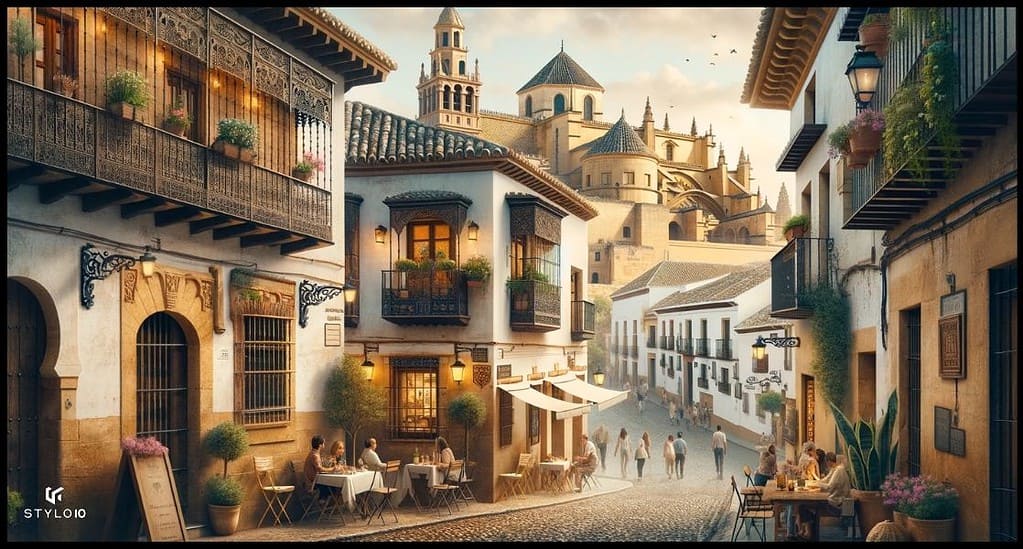 Representación vibrante del barrio El Alcázar Viejo en Córdoba, España, mostrando sus calles empedradas y casas andaluzas tradicionales, con residentes y turistas disfrutando de la zona.