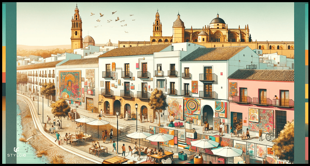 Representación vibrante y artística del barrio Guadalquivir en Córdoba, conocido por su ambiente bohemio y creativo, con galerías de arte y espacios de coworking.