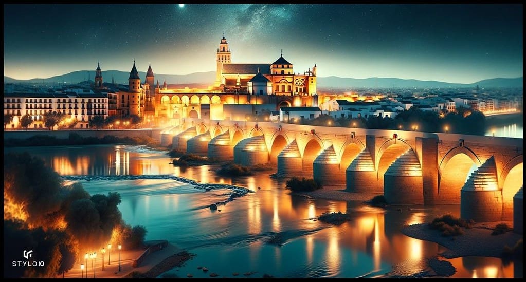 Imagen hiperrealista del Puente Romano de Córdoba por la noche, bellamente iluminado, con las luces de la ciudad reflejándose en el río Guadalquivir.