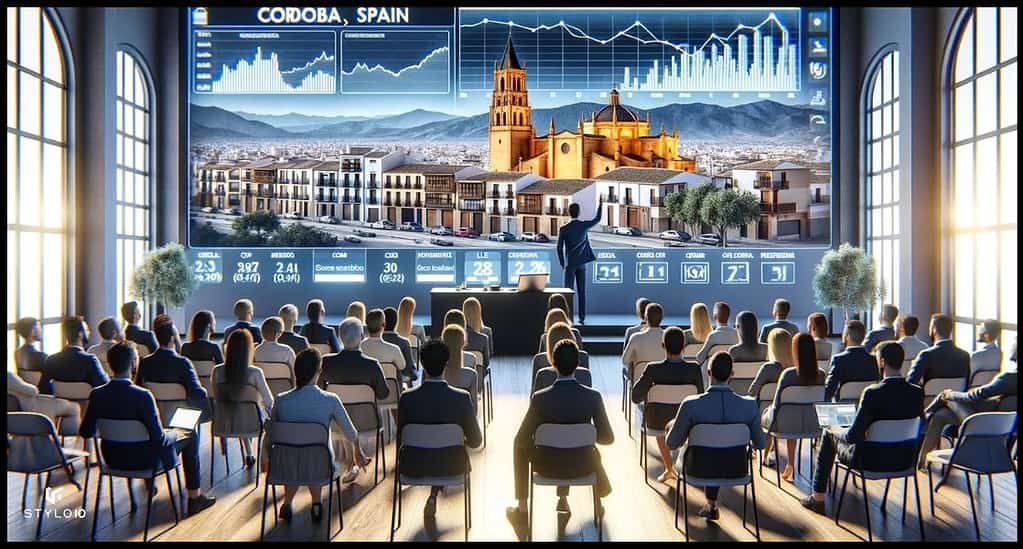 Un grupo de personas que asisten a un seminario inmobiliario en Córdoba, España, con un presentador que utiliza un proyector para mostrar las tendencias del mercado y las opciones inmobiliarias.