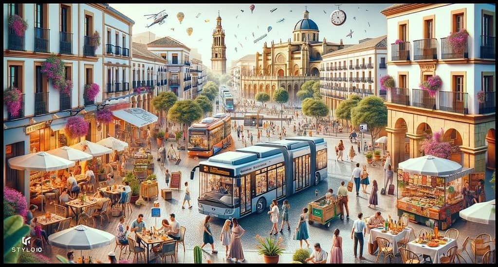 Imagen hiperrealista que representa la vida en Córdoba, España, mostrando escenas vibrantes de calles con arquitectura histórica, personas disfrutando de la gastronomía local en un café, individuos utilizando el transporte público y familias participando en festivales culturales, transmitiendo un sentido de comunidad, cultura y el estilo de vida vibrante de Córdoba