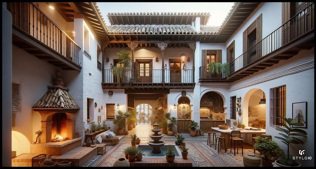 Patio interior de una casa típica de Córdoba con suelo de baldosas, fuente central, plantas autóctonas y arquitectura tradicional, combinando el encanto histórico con modernas comodidades, incluyendo una cocina equipada y visible en el fondo.