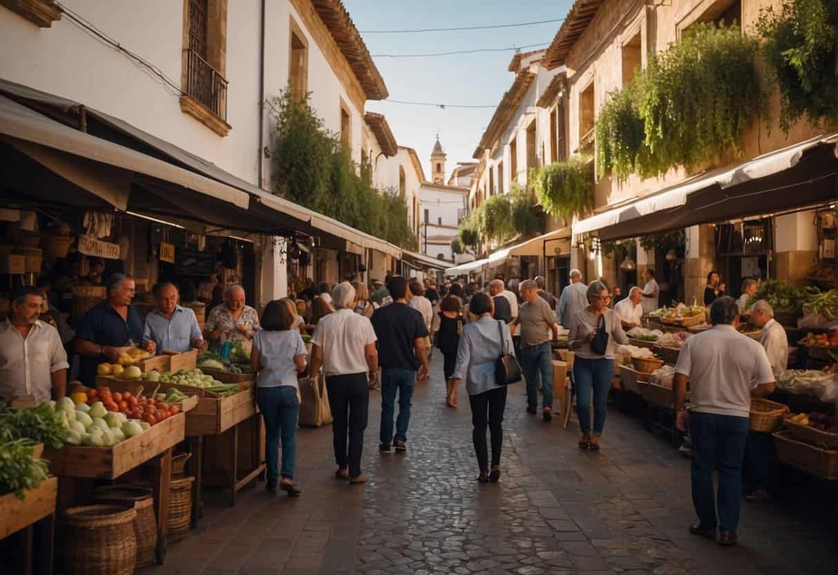 A bustling market scene in Córdoba, Spain, with various homes and properties being bought and sold. Busy atmosphere with people engaging in transactions and discussions