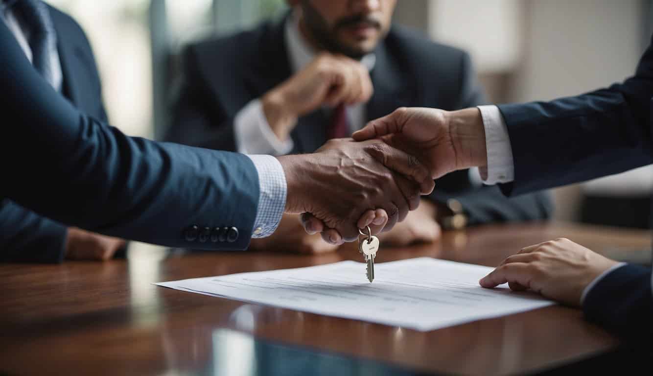 A notary overseeing a real estate transaction, stamping and signing documents, while buyers and sellers exchange keys and shake hands