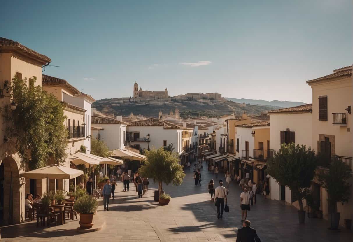 A bustling real estate market in Córdoba, Spain, with modern buildings and traditional homes intermingling. Signs of growth and opportunity in the future