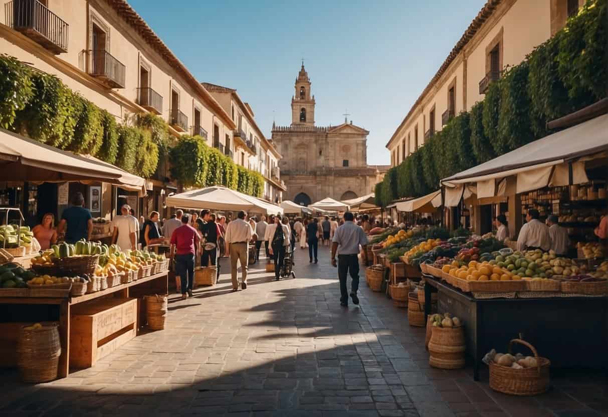 A bustling marketplace in Córdoba, Spain, with real estate signs and economic and political influences shaping the future of the housing market