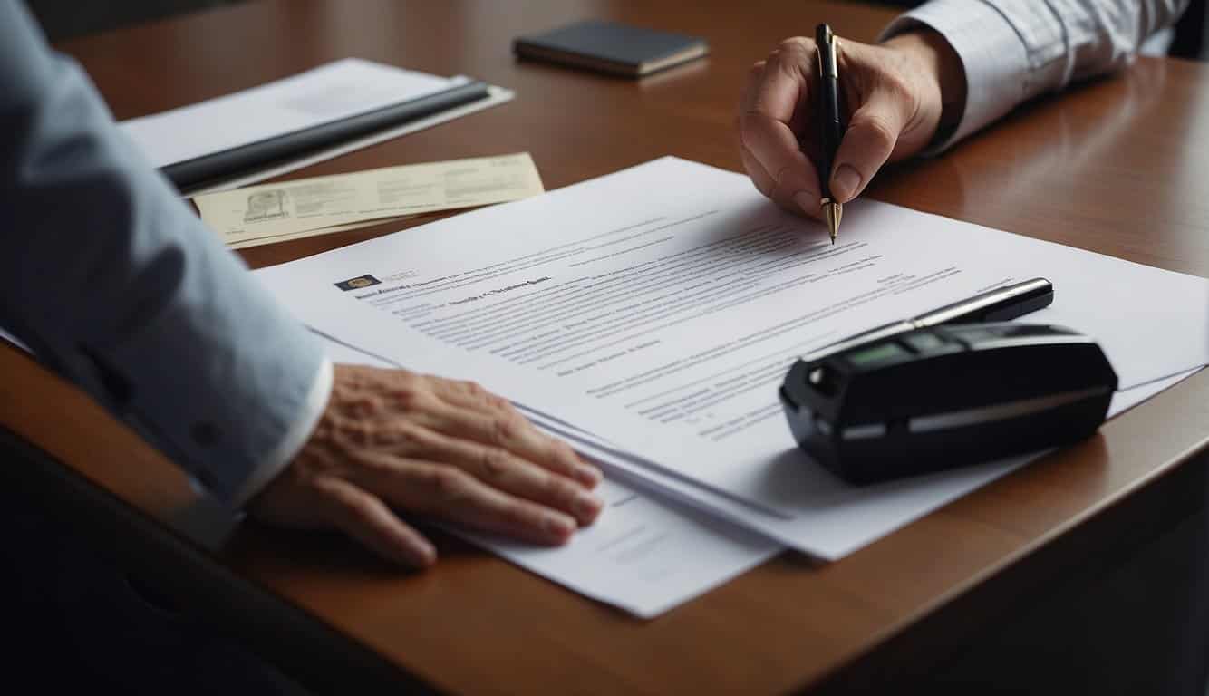 A notary public overseeing a real estate transaction, with documents, a pen, and a stamp on a desk