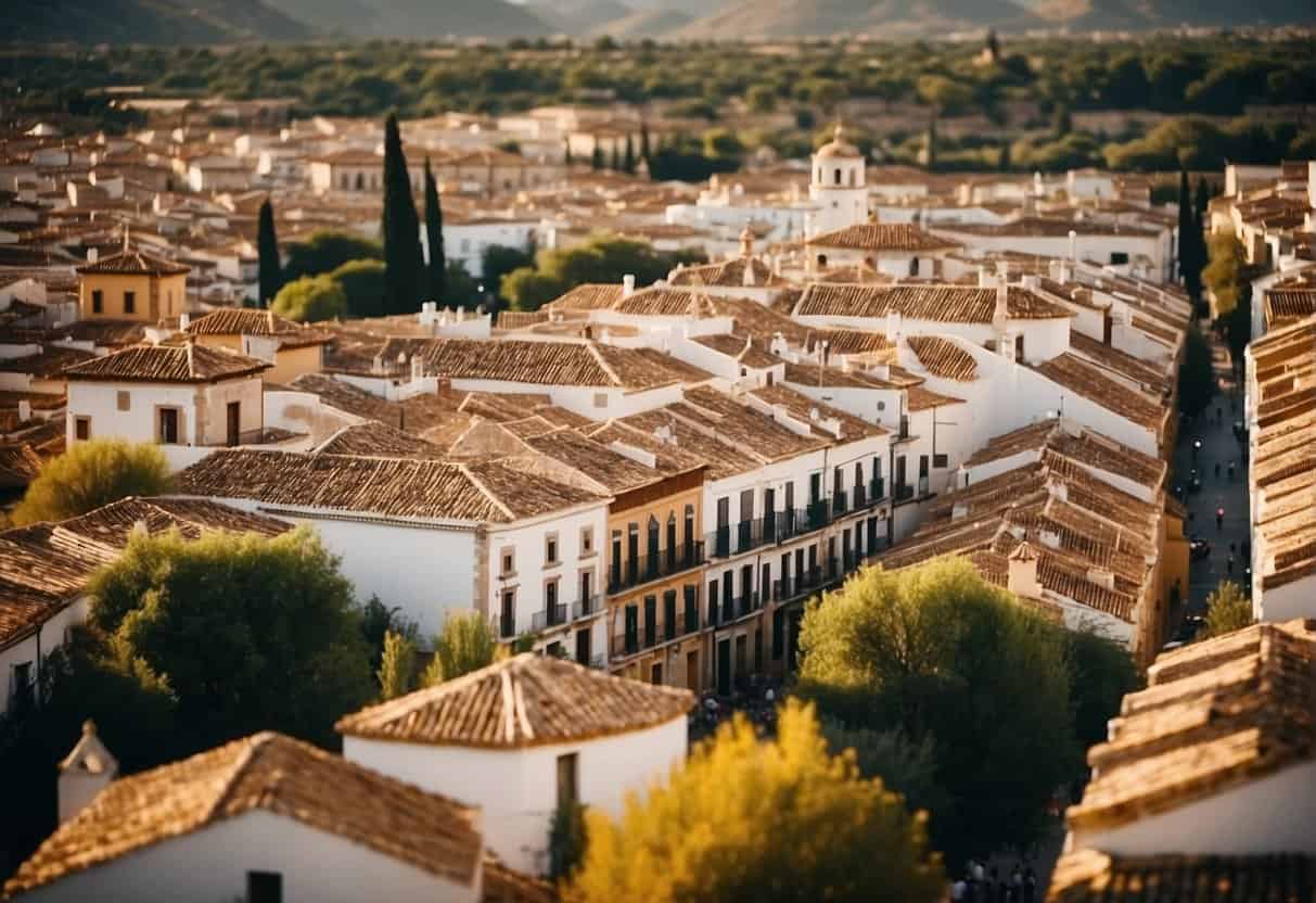 A bustling real estate market in Córdoba, Spain, with colorful houses, busy streets, and a mix of traditional and modern architecture