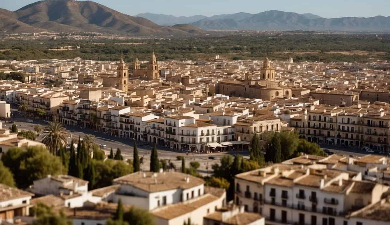 A bustling real estate market in Córdoba, Spain. Houses being bought and sold, with eager buyers and sellers negotiating deals