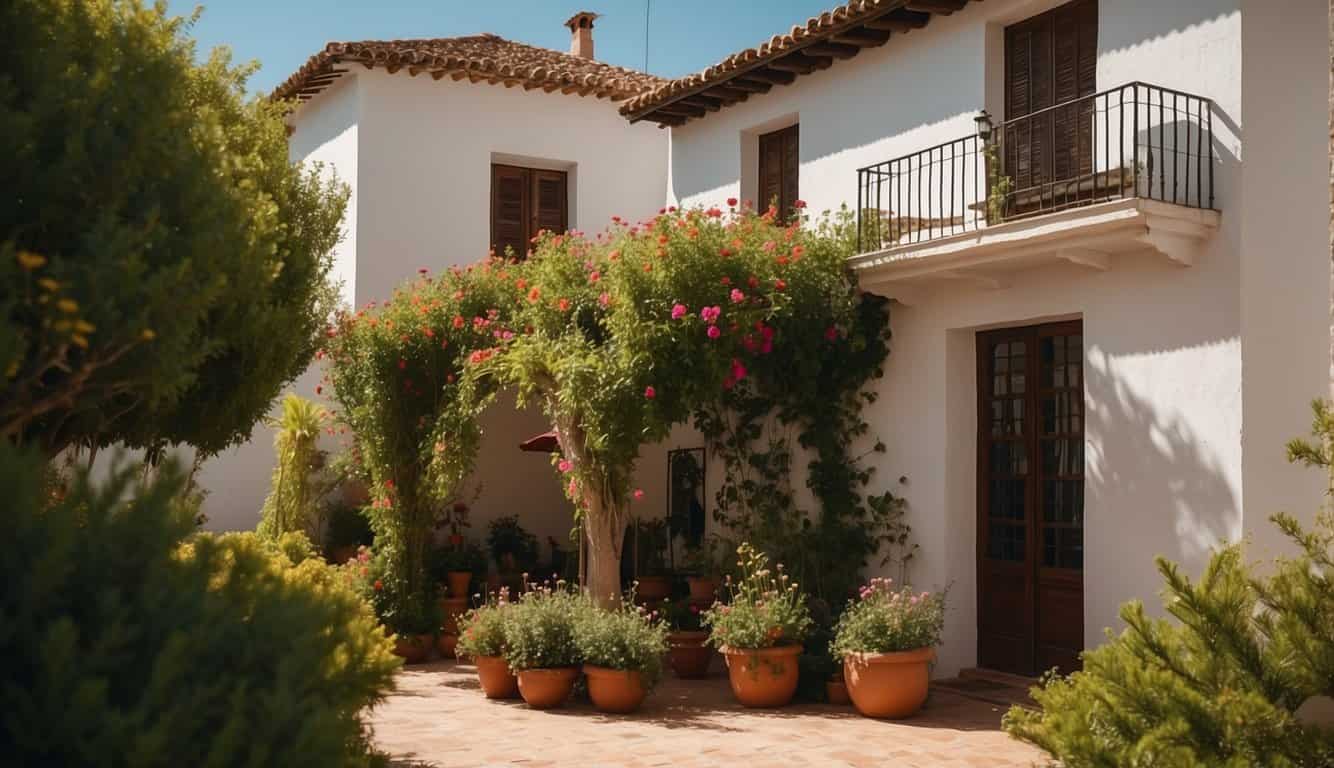 A sunny day in Córdoba, Spain. A charming house with a red tile roof and white walls stands against a backdrop of lush greenery and blooming flowers