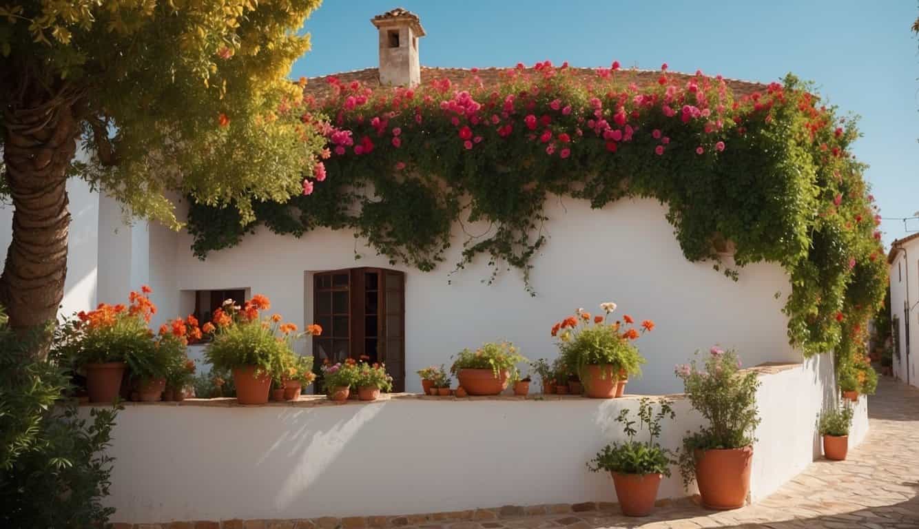 A sunny day in Córdoba, Spain. A traditional white-washed house with red-tiled roof surrounded by vibrant flowers and lush greenery