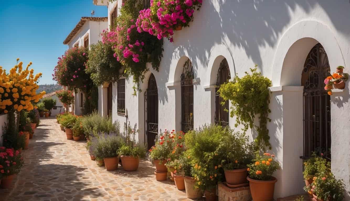 A sunny day in Córdoba, Spain, with a beautiful view of traditional white-washed houses and colorful flower-filled patios, creating a picturesque setting for potential homebuyers