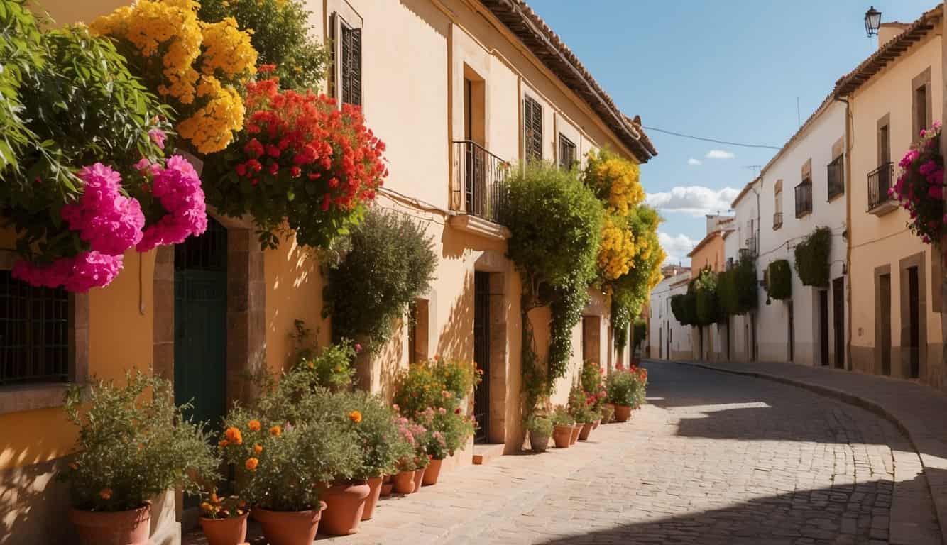 A sunny street in Córdoba, Spain with colorful houses and blooming flowers, a "For Sale" sign in front of a charming home