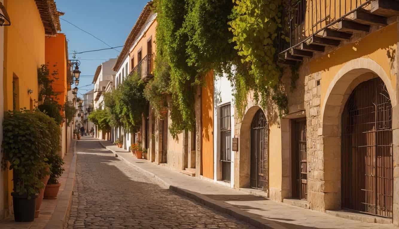 The scene shows a sunny day in Córdoba, Spain, with a row of colorful houses and a "Se Vende" sign, indicating it's a good time to buy a house