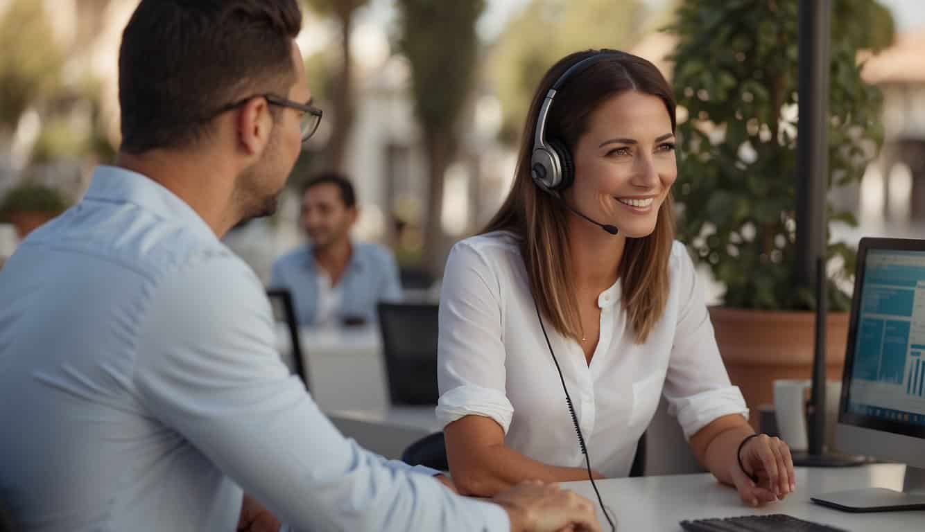 
Un representante de servicio al cliente asiste a un cliente con consultas sobre inversiones inmobiliarias en Córdoba, España.