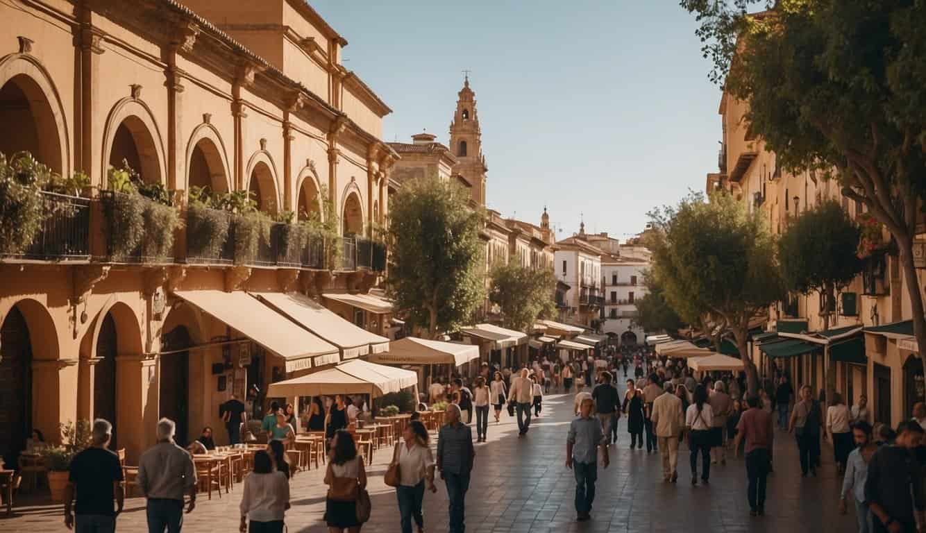 Un mercado inmobiliario bullicioso en Córdoba, España, con edificios coloridos y calles concurridas.