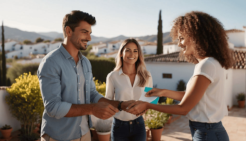 Una pareja joven recibe las llaves de su nueva casa de manos de una agente inmobiliaria al aire libre. Todos están sonriendo en un entorno soleado con casas de estilo mediterráneo en el fondo, simbolizando la adquisición de una propiedad