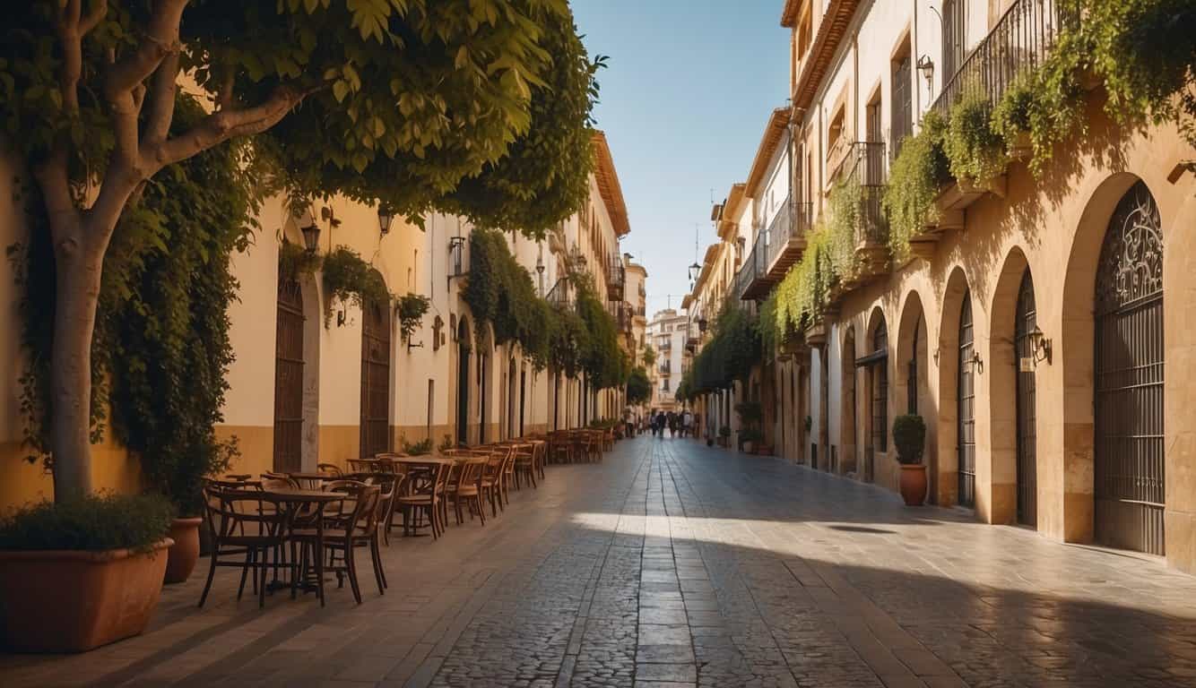 A bustling city street in Córdoba, Spain with a mix of modern and historic buildings, showcasing the vibrant real estate market