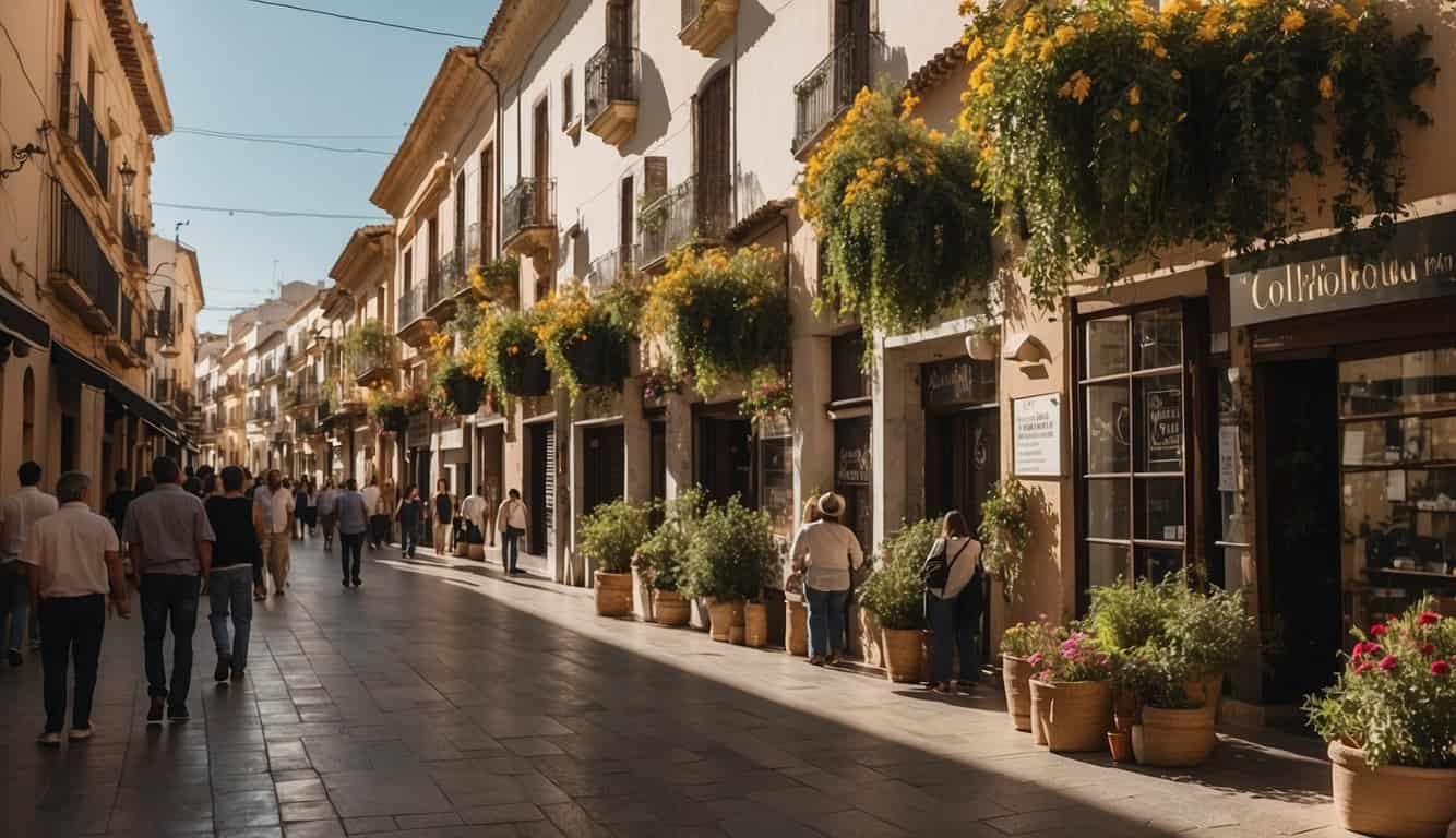 Una calle bulliciosa en Córdoba, España, con vibrantes letreros inmobiliarios y una actividad animada, mostrando el contraste entre la compra y el alquiler de propiedades.