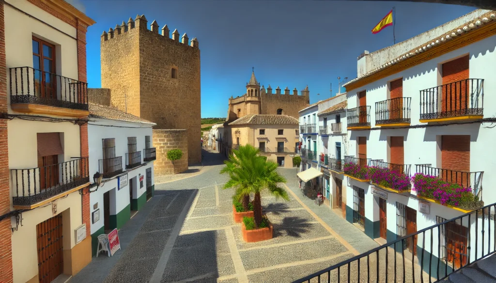 Vista hiperrealista del pueblo de Bujalance, España, en un día soleado con cielos despejados. Se destaca el icónico castillo medieval de Bujalance con sus murallas bien conservadas y una torre imponente. En primer plano, una plaza adoquinada está rodeada de casas tradicionales andaluzas encaladas con balcones de hierro forjado y macetas con flores vibrantes. Dos palmeras se elevan en el centro de la plaza, y se ven algunos edificios históricos y personas disfrutando de la tranquila atmósfera del pueblo.