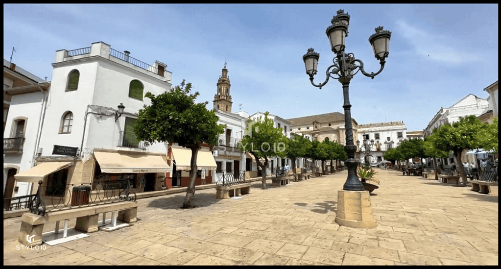 Vista panorámica de la Plaza Mayor en Bujalance, un pintoresco pueblo andaluz. La imagen muestra una plaza empedrada con bancos, árboles y farolas clásicas, rodeada de edificios históricos con fachadas blancas y una iglesia al fondo, destacando la arquitectura tradicional española.