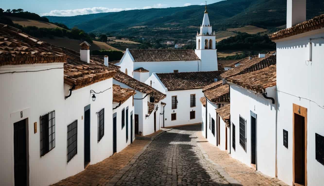 A quaint village scene in El Carpio, Córdoba. A row of traditional white houses with terracotta roofs line a cobblestone street. A church steeple rises in the background, framed by rolling hills