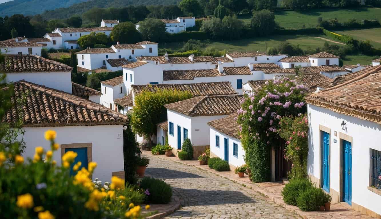 A quaint village nestled in the scenic countryside of El Carpio, Córdoba. Charming white-washed houses with terracotta roofs line the cobblestone streets, surrounded by lush greenery and blooming flowers