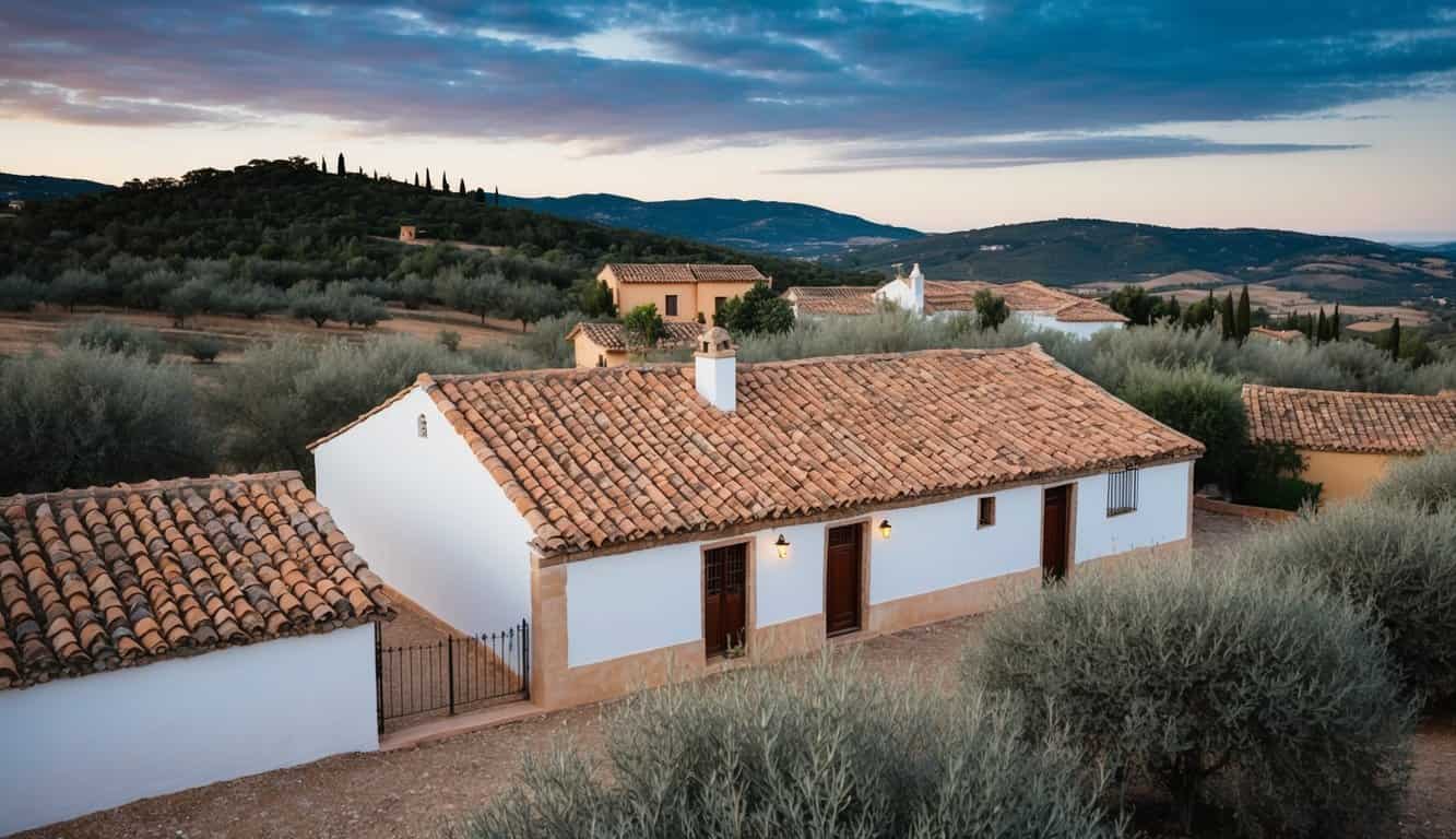 A quaint village in El Carpio, Córdoba; a traditional Spanish home with a terra cotta roof and white-washed walls, surrounded by olive groves and rolling hills