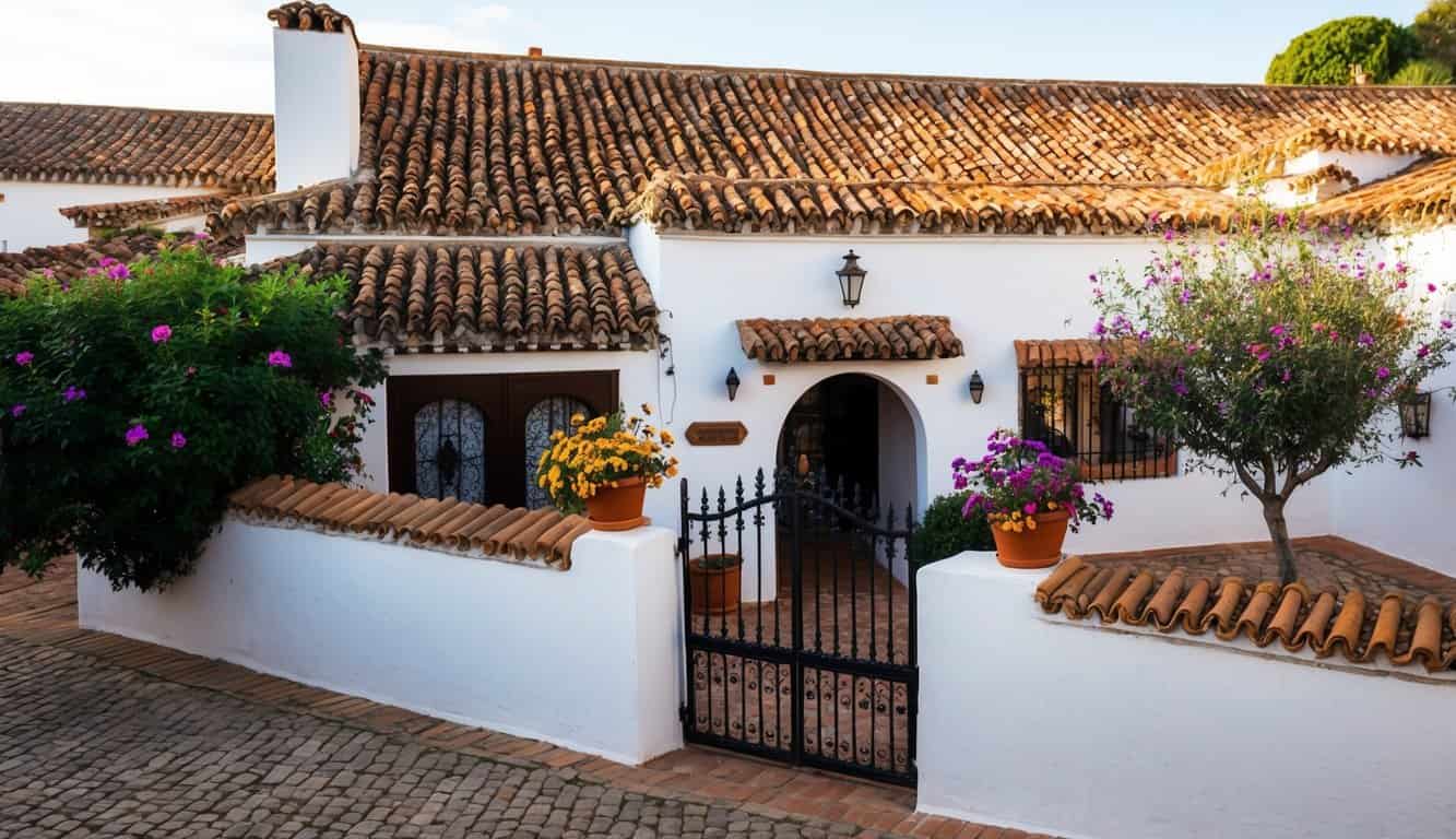 A cozy house in El Carpio, Córdoba, with a red tiled roof, white walls, and a charming courtyard with colorful flowers and a traditional wrought iron gate