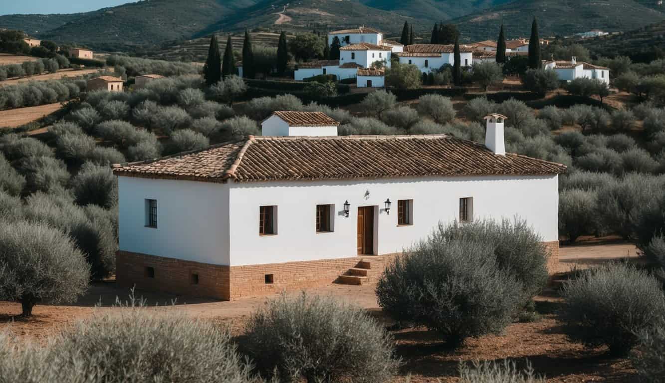 A traditional white-washed house with terracotta roof tiles nestled among olive groves and rolling hills in the picturesque village of El Carpio, Córdoba