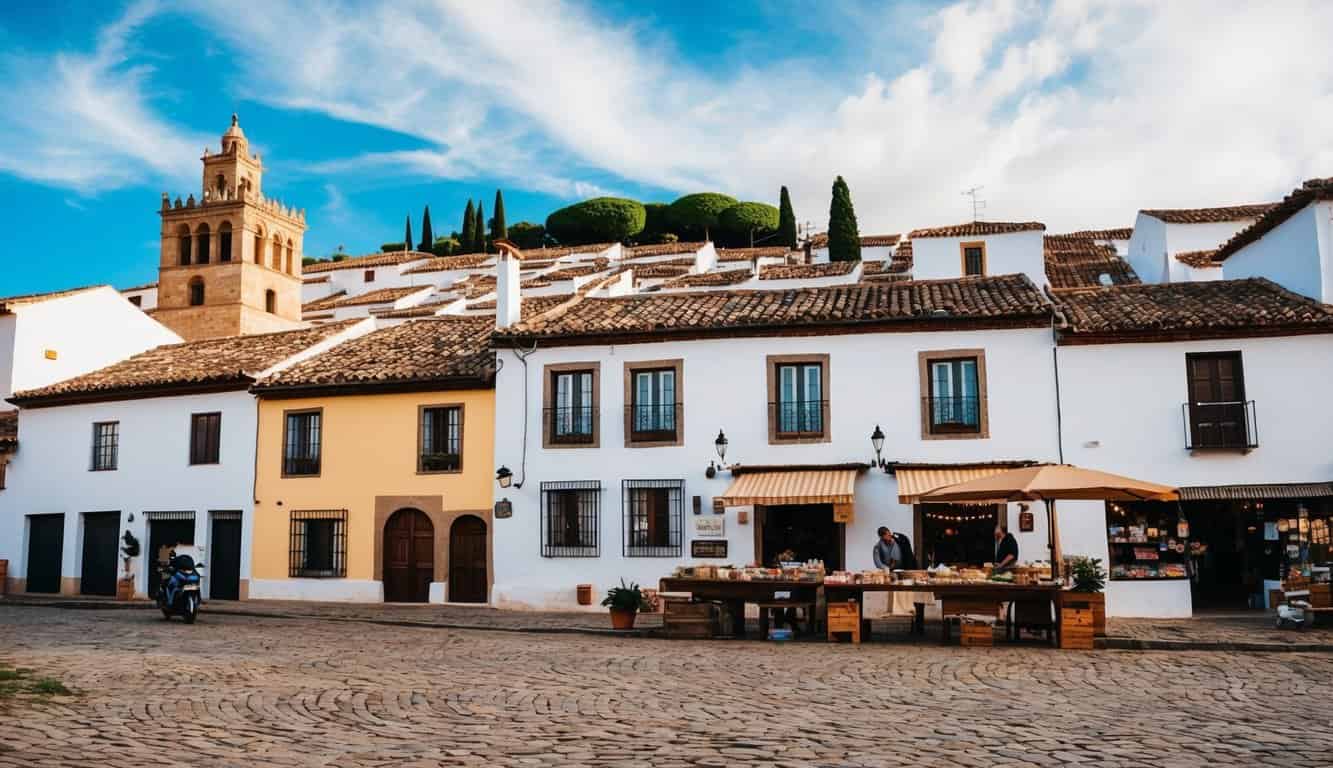 A quaint village in El Carpio, Córdoba with traditional houses, cobblestone streets, and a bustling market square