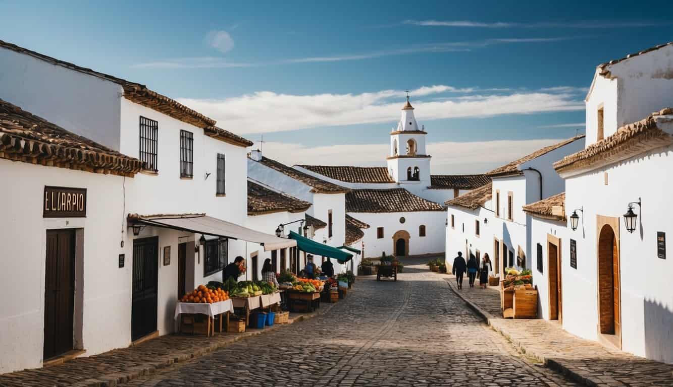 A small, charming village in El Carpio, Córdoba with traditional white-washed houses and narrow cobblestone streets. A local market selling fresh produce and a picturesque church in the town square