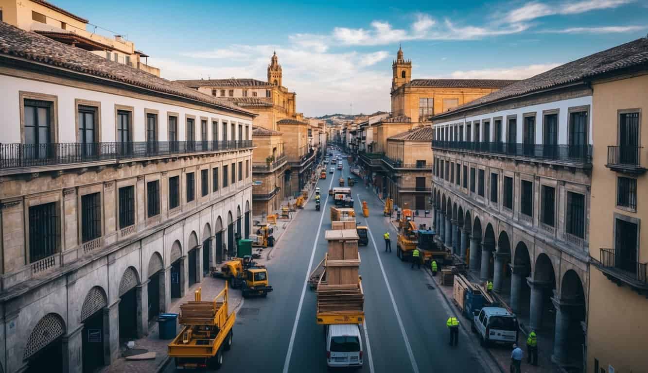 Una calle bulliciosa de la ciudad en Córdoba con edificios históricos y trabajadores de la construcción renovando y restaurando espacios