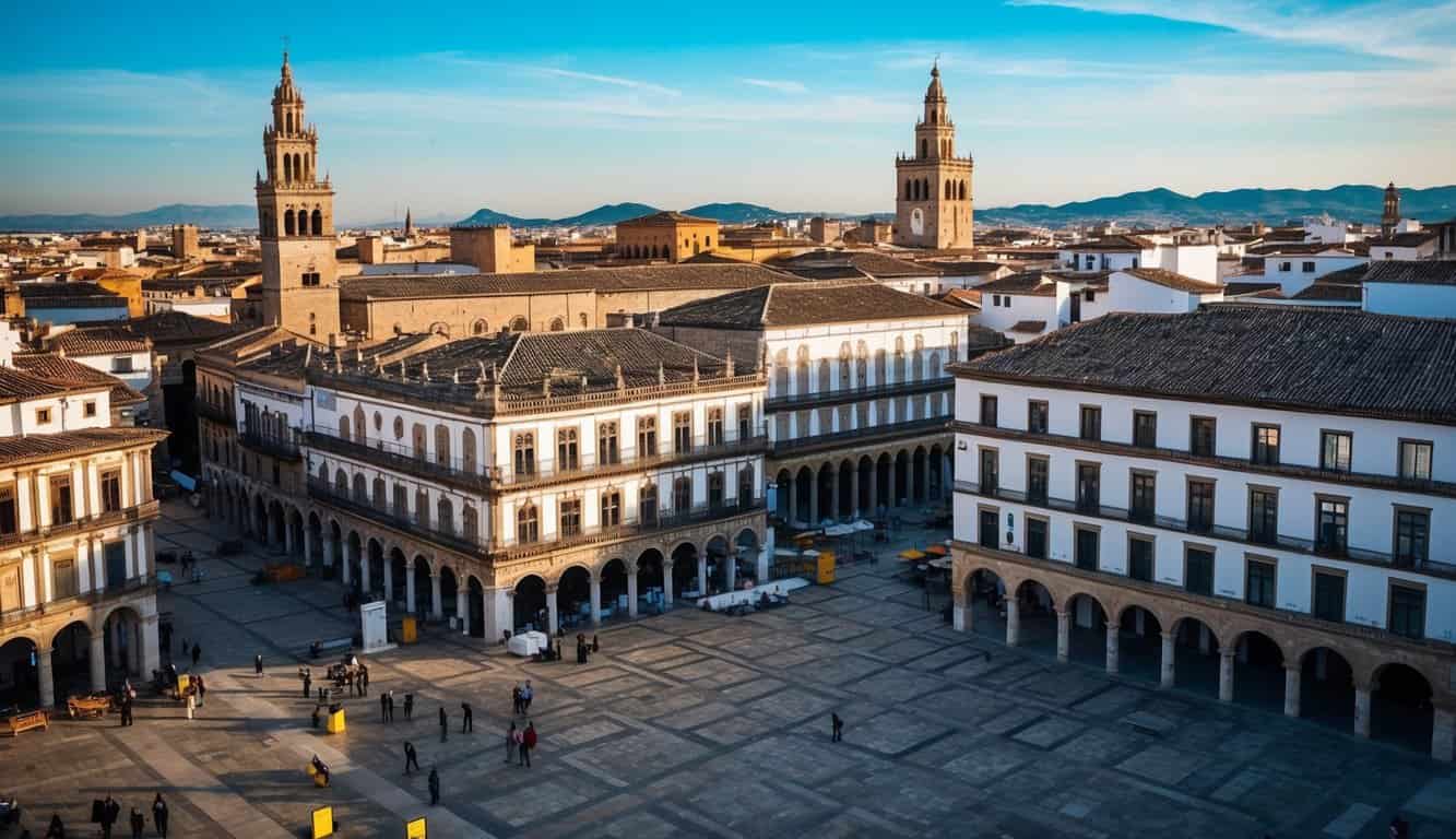 Una plaza de la ciudad vibrante y bulliciosa en Córdoba, con edificios históricos en renovación y restauración, rodeada de una mezcla de arquitectura tradicional y moderna.