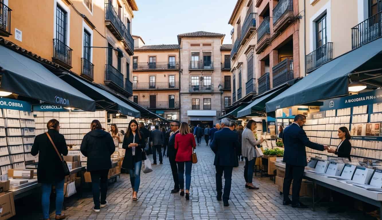 Un bullicioso mercado en Córdoba, España, con una mezcla de edificios tradicionales y modernos, personas revisando anuncios de bienes raíces y agentes mostrando propiedades.