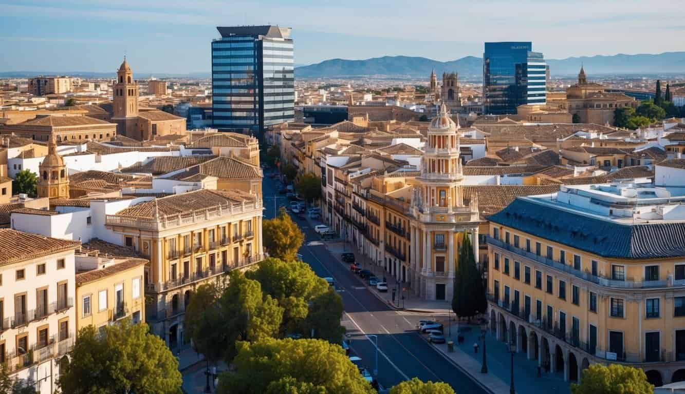 Un bullicioso paisaje urbano en Córdoba, España, que presenta modernos rascacielos, arquitectura histórica y calles vibrantes llenas de oportunidades inmobiliarias para inversores en 2024.