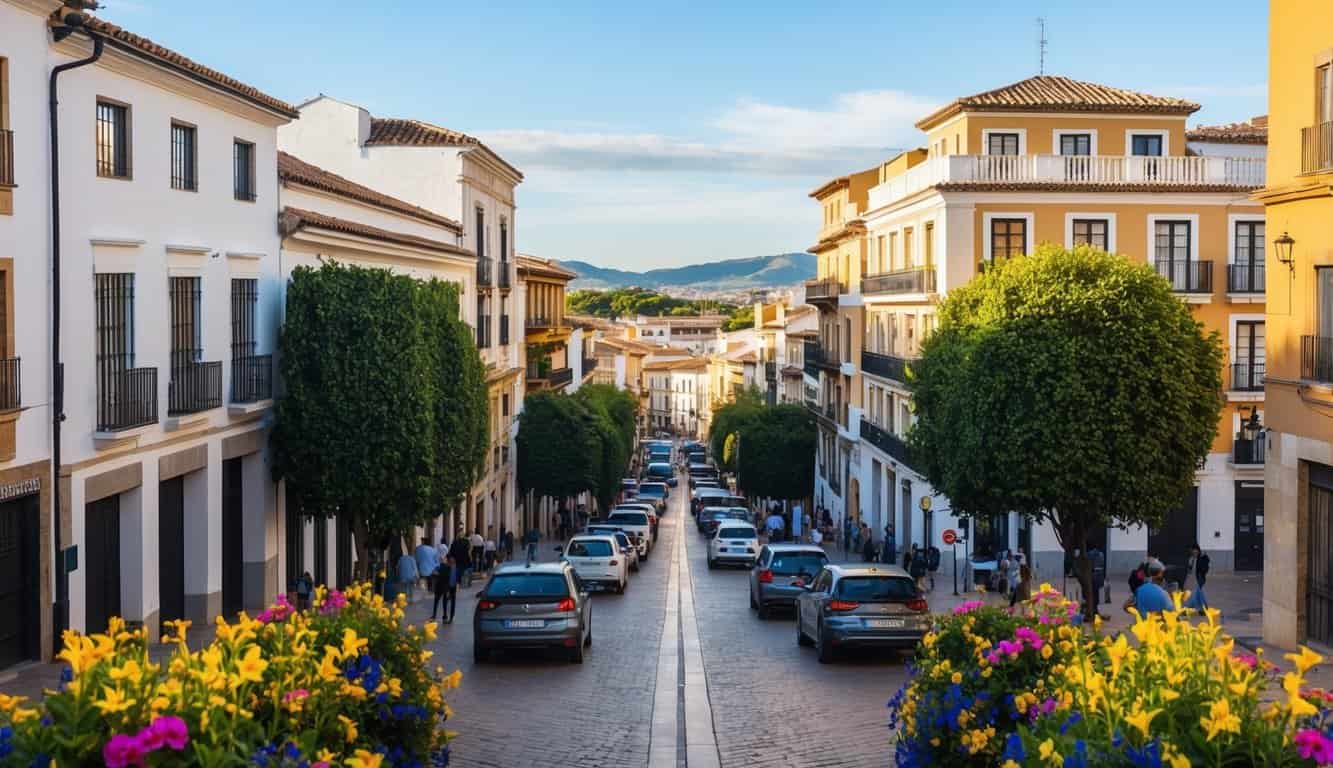 Una bulliciosa calle de la ciudad en Córdoba, España, con modernos edificios de apartamentos y arquitectura española tradicional, rodeada de abundante vegetación y flores vibrantes.