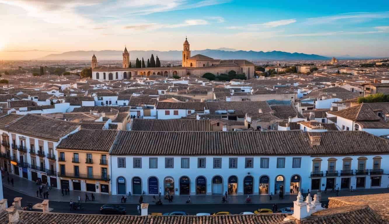 Un bullicioso mercado inmobiliario en Córdoba, España, en 2024, con personas comprando, alquilando e invirtiendo en propiedades. La arquitectura icónica de la ciudad y los paisajes escénicos se presentan en el fondo.