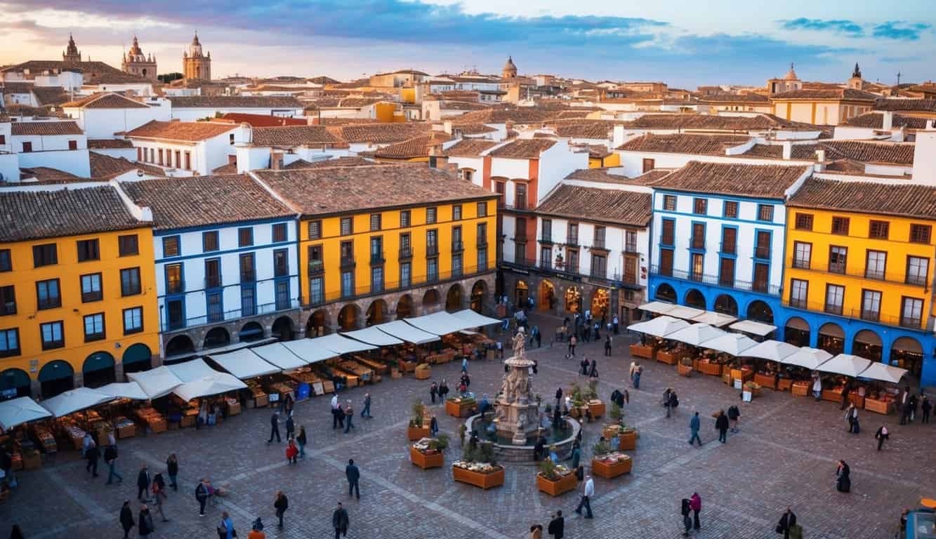 Una bulliciosa plaza de mercado en Córdoba, España, con edificios coloridos y una mezcla de arquitectura tradicional y moderna, que muestra el vibrante mercado inmobiliario en 2024.