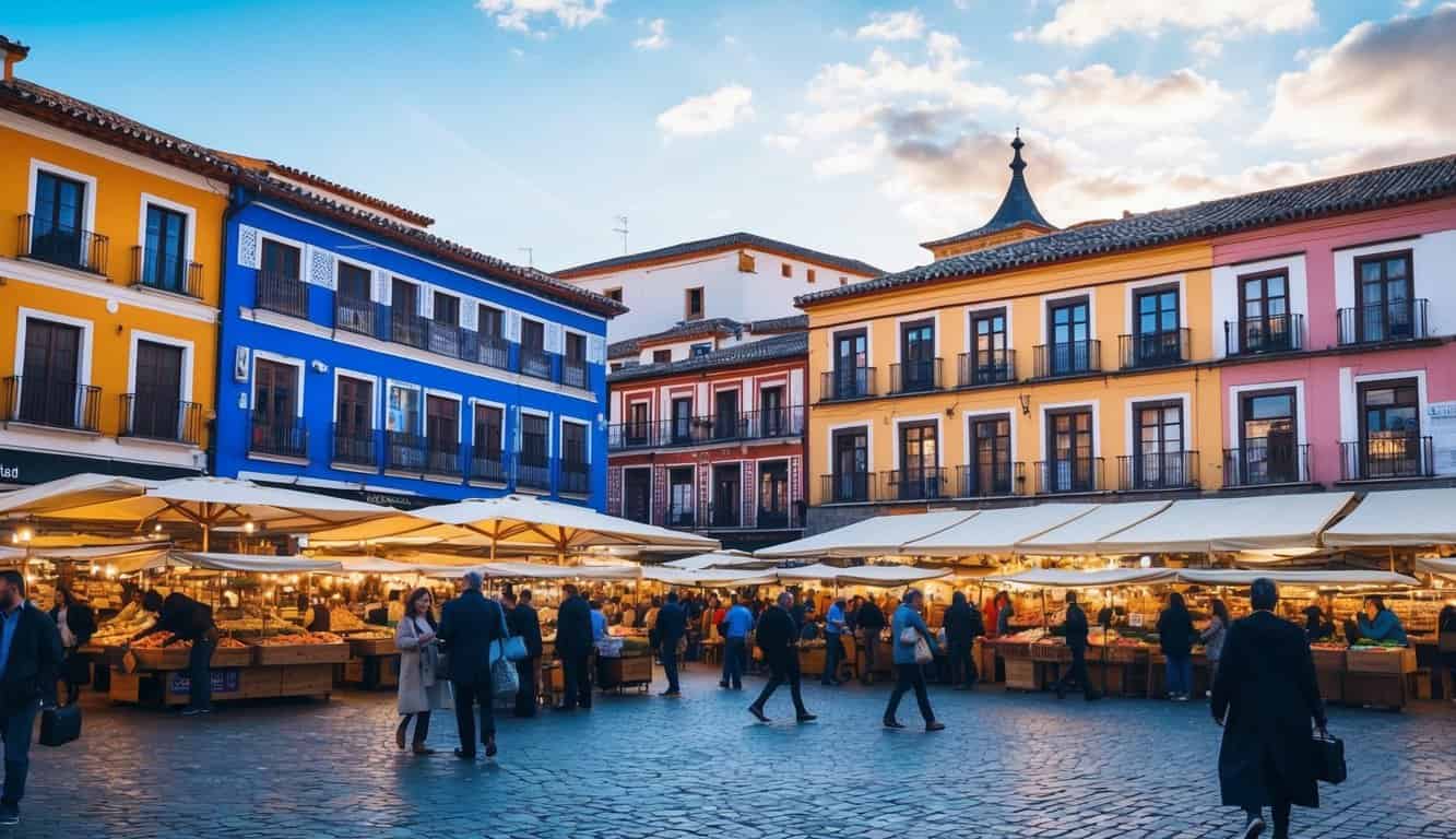 Una bulliciosa plaza de mercado en Córdoba, España, con edificios coloridos y actividad animada, mostrando el vibrante mercado inmobiliario en 2024