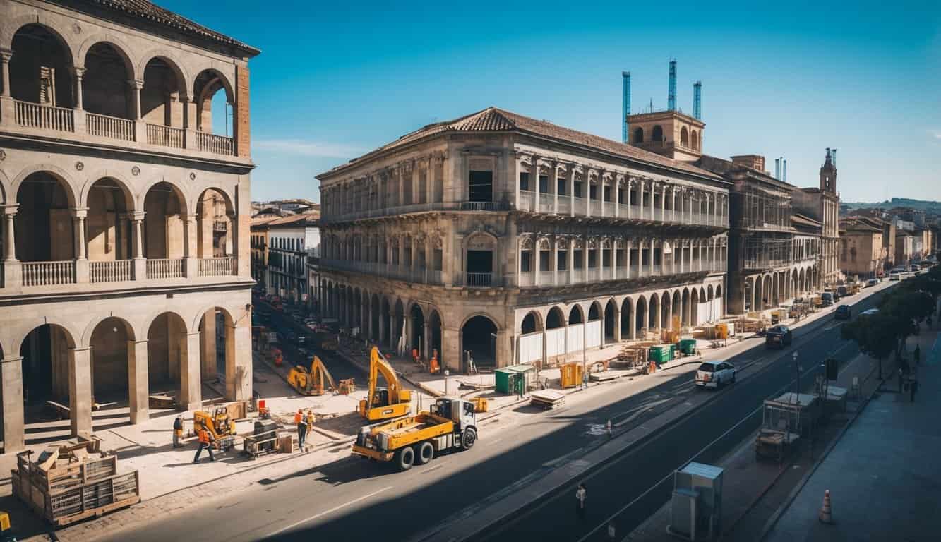 Una bulliciosa calle de la ciudad en Córdoba, con edificios históricos en proceso de renovación y restauración. Trabajadores de la construcción y arquitectos colaboran en la revitalización del paisaje urbano.