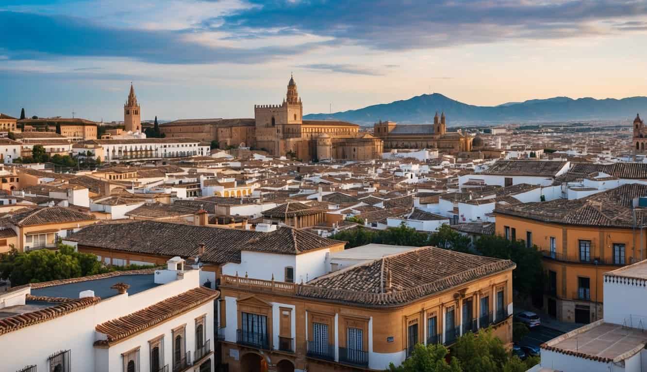 Un bullicioso paisaje urbano en Córdoba, España, con una mezcla de arquitectura tradicional y moderna, que muestra propiedades inmobiliarias en venta y alquiler.