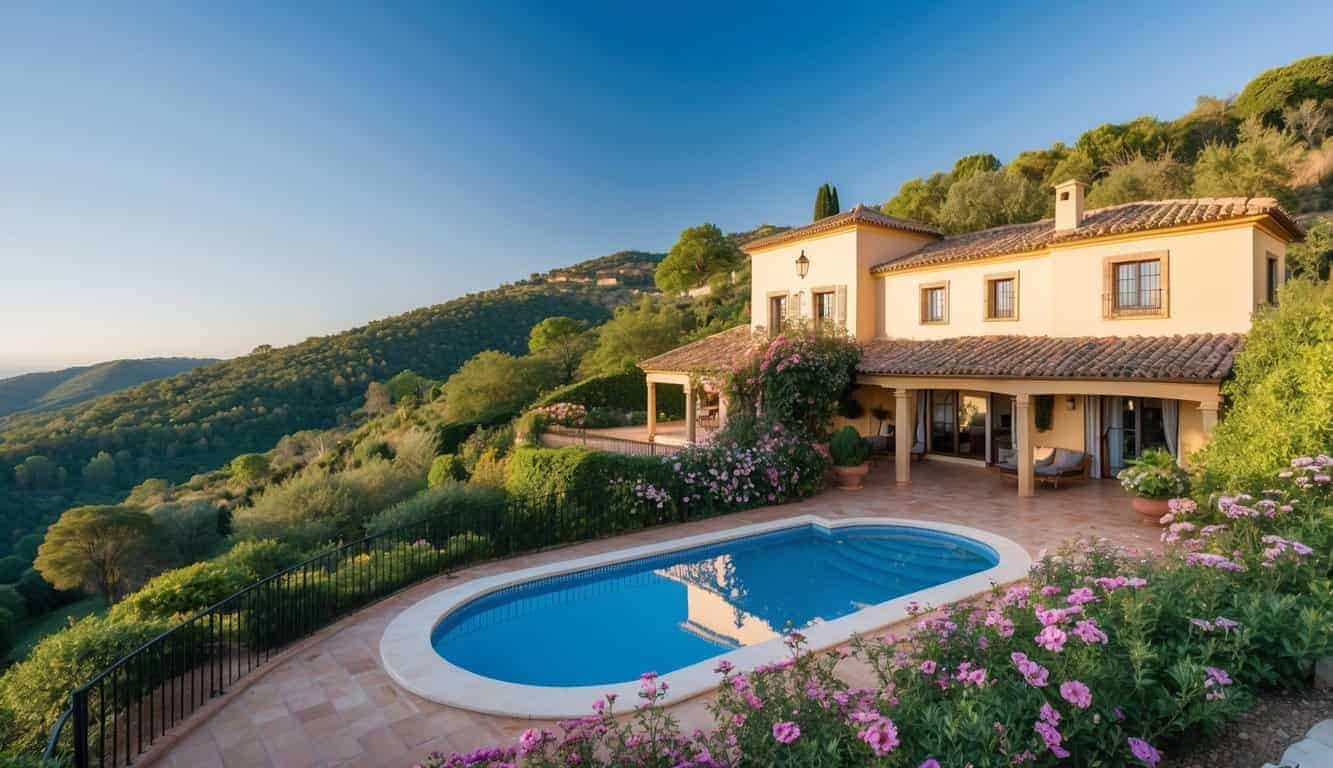 Una villa española tradicional encalada, situada entre olivares y colinas onduladas en Córdoba, España. El sol se pone detrás de las montañas distantes, proyectando un cálido resplandor sobre el pintoresco paisaje.