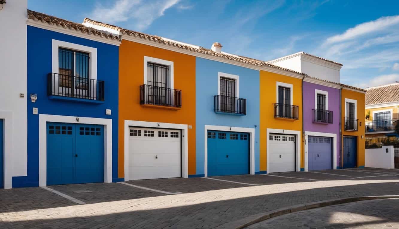 Una fila de casas coloridas con garajes adjuntos en un vecindario soleado en Córdoba, España