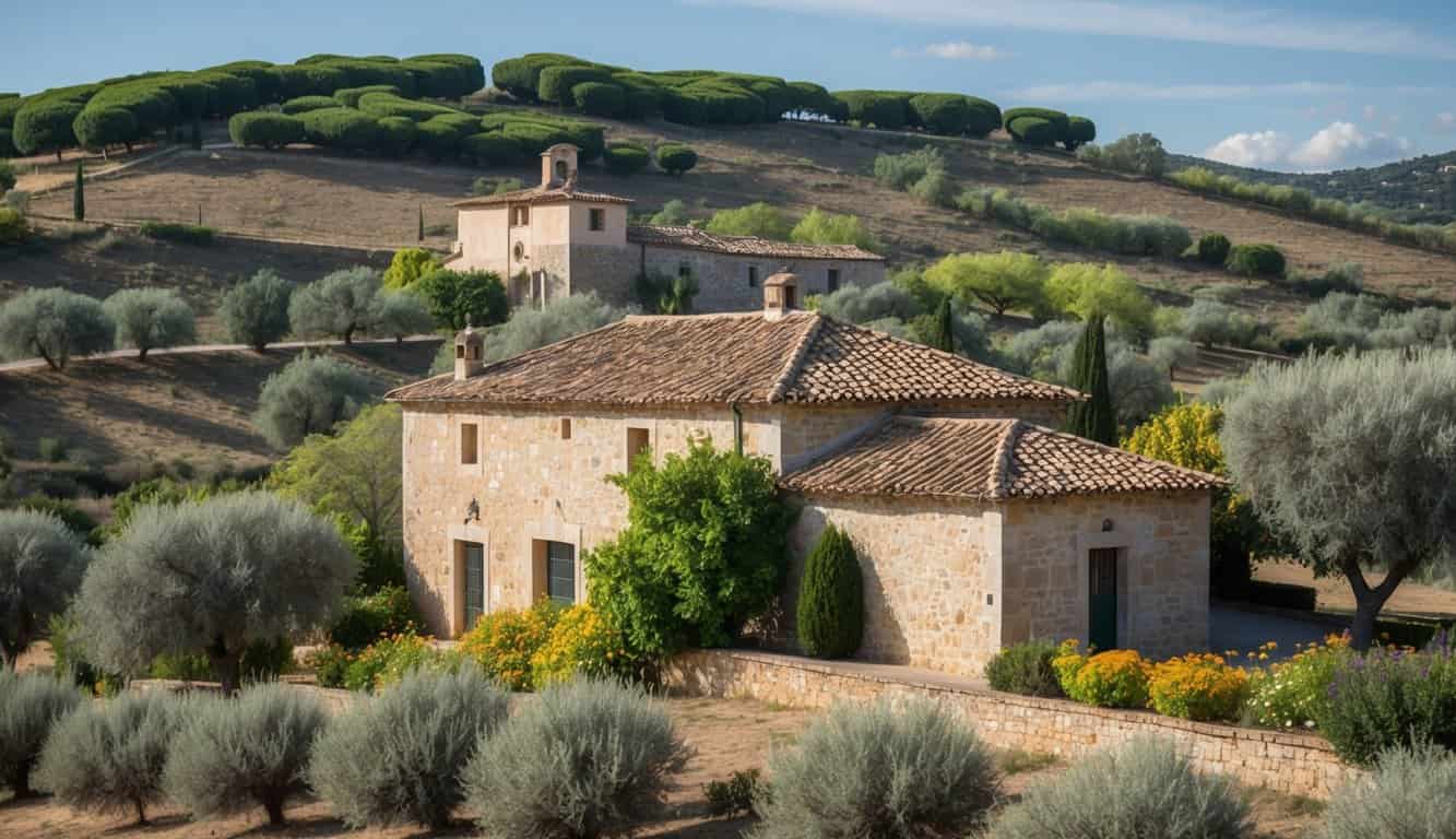 Una encantadora casa de piedra antigua con un techo de tejas de terracota, ubicada en las colinas onduladas de Córdoba, rodeada de vibrantes olivos verdes y coloridas flores.